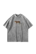 Walking Leopard Baskılı Oversize Unisex Yıkamalı Beyaz Tshirt