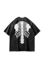White Ribcage Baskılı Oversize Unisex Yıkamalı Siyah Tshirt