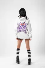 y2K Gengar Sırt Baskılı Oversize Unisex Beyaz Hoodie