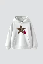 Y2k Leopar Starz Baskılı Oversize Unisex Beyaz Hoodie