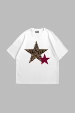 Y2k Leopar Starz Baskılı Oversize Unisex Beyaz Tshirt