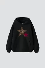 Y2k Leopar Starz Baskılı Oversize Unisex Siyah Hoodie