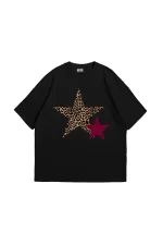 Y2k Leopar Starz Baskılı Oversize Unisex Siyah Tshirt