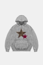 Y2k Leopar Starz Baskılı Oversize Unisex Yıkamalı Beyaz Hoodie