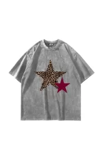 Y2k Leopar Starz Baskılı Oversize Unisex Yıkamalı Beyaz Tshirt