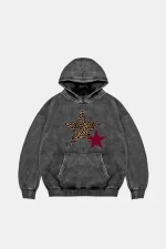 Y2k Leopar Starz Baskılı Oversize Unisex Yıkamalı Siyah Hoodie