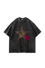 Y2k Leopar Starz Baskılı Oversize Unisex Yıkamalı Siyah Tshirt