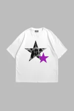 Y2k Leopar Starz V2 Baskılı Oversize Unisex Beyaz Tshirt