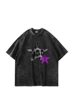 Y2k Leopar Starz V2 Baskılı Oversize Unisex Yıkamalı Siyah Tshirt