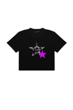 Y2k Leopar Starz V2 Baskılı Siyah Crop Top