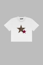 Y2k Star Baskılı Beyaz Crop Top