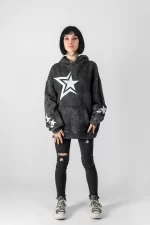 Yıkamalı 816 Stars Baskılı Oversize Unisex Siyah Hoodie