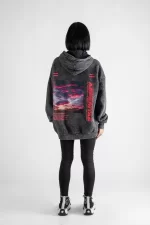 Yıkamalı Asperitas Sırt Baskılı Oversize Unisex Siyah Hoodie