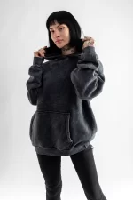 Yıkamalı Basic Oversize Unisex Siyah Hoodie