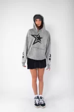 Yıkamalı Beyaz 816 Stars Baskılı Oversize Unisex Hoodie