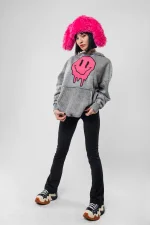 Yıkamalı Beyaz Acid Smile Baskılı Oversize Unisex Hoodie