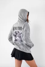 Yıkamalı Beyaz Evolution Baskılı Oversize Unisex Kapüşonlu Hoodie