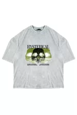 Yıkamalı Beyaz Hysterıcal Baskılı Oversize Unisex Tshirt