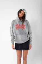 Yıkamalı Beyaz Kırmızı Dusk Baskılı Oversize Unisex Hoodie