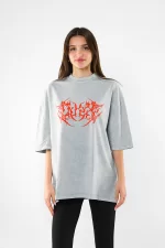 Yıkamalı Beyaz Kırmızı Dusk Baskılı Oversize Unisex Tshirt