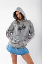 Yıkamalı Beyaz Korn Baskılı Oversize Unisex Hoodie