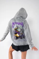 Yıkamalı Beyaz Metallica Mor Sırt Baskılı Oversize Kapüşonlu Sweatshirt