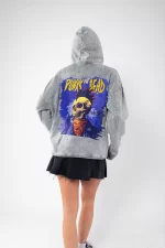 Yıkamalı Beyaz Punks Not Dead Baskılı Oversize Unisex Hoodie