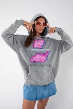 Yıkamalı Beyaz Temperature Baskılı Oversize Unisex Hoodie