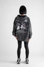 Yıkamalı Evolution Baskılı Oversize Unisex Kapüşonlu Siyah Hoodie