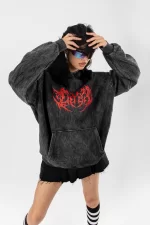 Yıkamalı Kırmızı Dusk Baskılı Oversize Unisex Siyah Hoodie