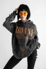 Yıkamalı Nirvana Sırt Baskılı Unisex Oversize Füme Hoodie