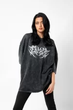 Yıkamalı Siyah Dusk Baskılı Oversize Unisex Tshirt