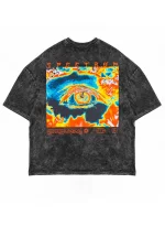 Yıkamalı Siyah Spectrum Baskılı Oversize Unisex Tshirt