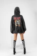 Yıkamalı Slipknot Sırt Baskılı Siyah Oversize Unisex Hoodie