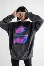 Yıkamalı Temperature Baskılı Oversize Unisex Siyah Hoodie