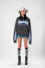 Yıkamalı Thrasher Flam Baskılı Oversize Unisex Füme Hoodie