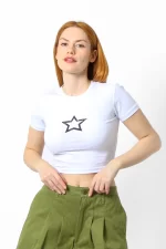 Yıldız Baskılı Kısa Kollu Beyaz Crop Top