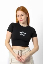 Yıldız Baskılı Kısa Kollu Siyah Crop Top