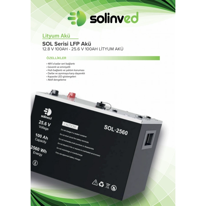 SOL1280 12.8 V 100Ah Lityum Akü