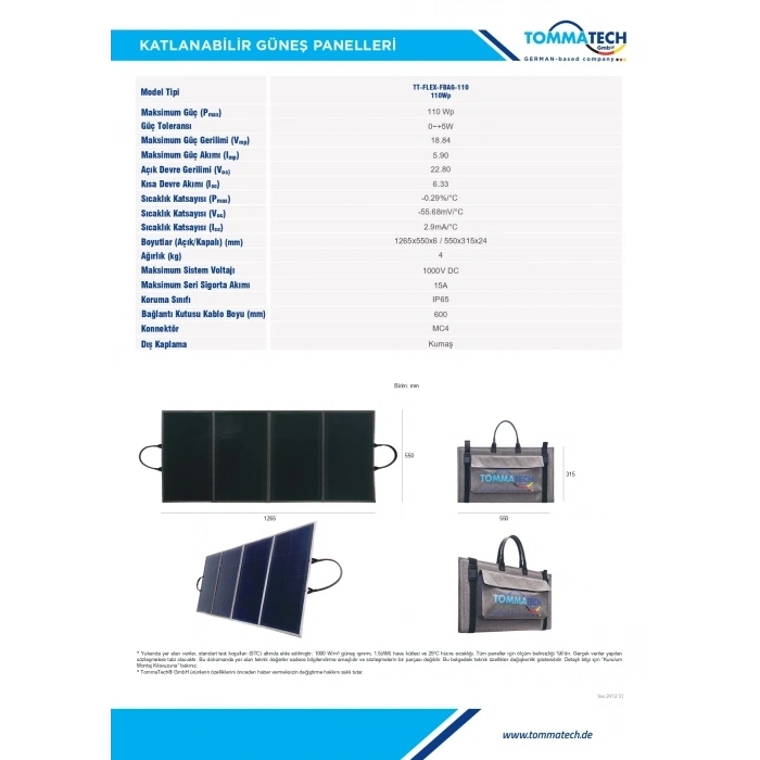 TommaTech 110W Katlanabilir Güneş Paneli