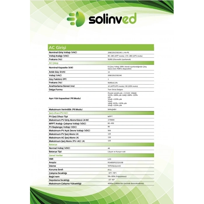 SOLİNVED GORDİON PREMİUM SERİSİ 6KW 48V MPPT OFF-GRID İNVERTER