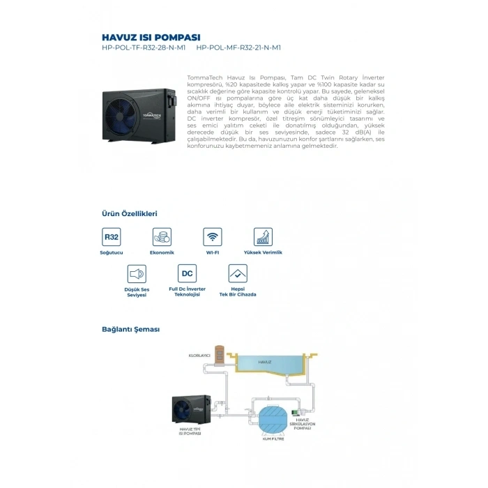 TommaTech 21kW Havuz Isı Pompası(MonoFaze)