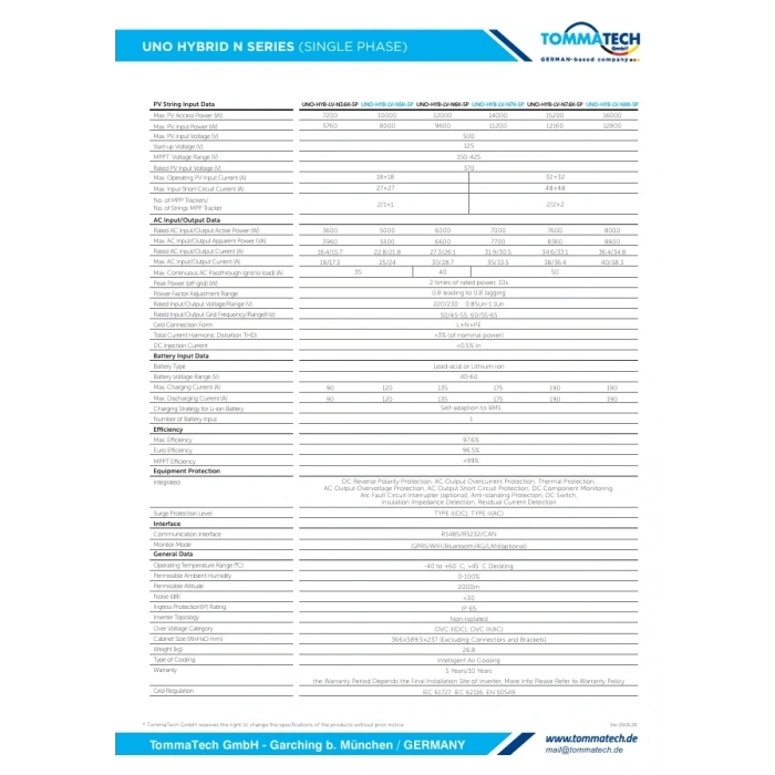 TommaTech Uno N Serisi 8kW LV Hibrit İnverter