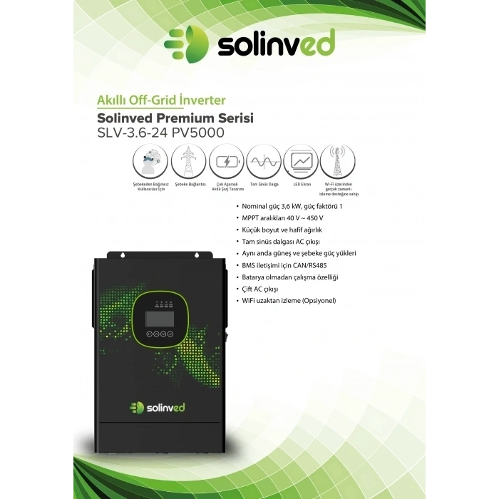 SOLİNVED GORDİON PREMİUM SERİSİ 3.6 KW 24V MPPT OFF-GRID İNVERTER