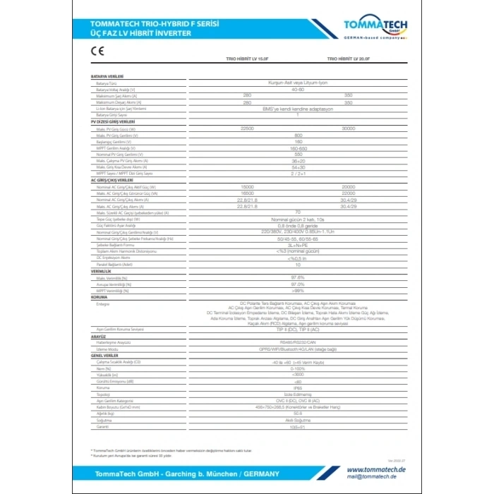 TommaTech Trio Hibrit F Serisi 15kW LV Hibrit İnverter