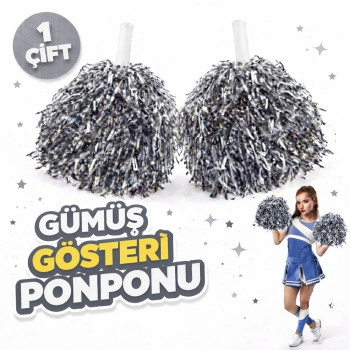 1 Çift ( 2 Adet ) Gümüş Renk 23 Nisan 19 Mayıs 29 Ekim Okul Gösteri Ponponları
