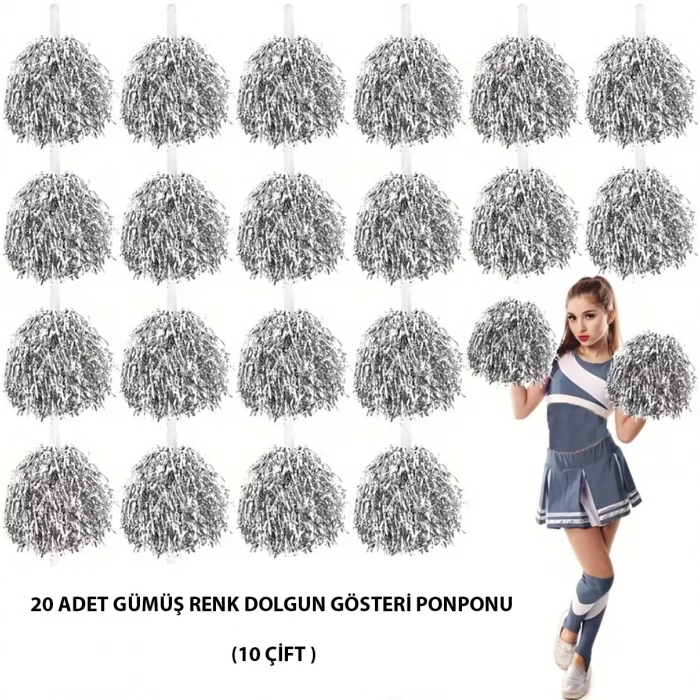 10 Çift ( 20 Adet ) Gümüş Renk 23 Nisan 19 Mayıs 29 Ekim Okul Gösteri Ponponları