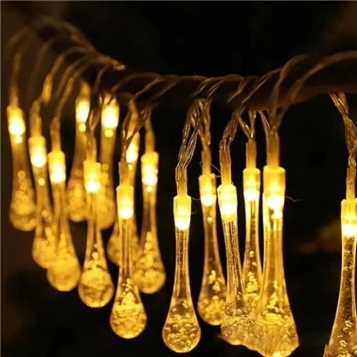 10 Led 2 Metre Sarı Kristal Su Damlası Güneş Enerjili Led Işık Solar Bahçe Ağaç Lamba Aydınlatması