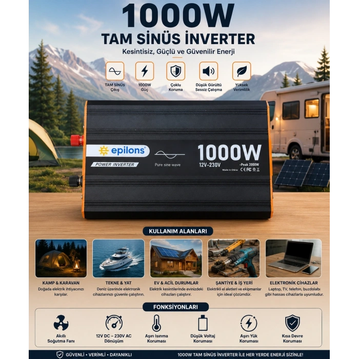 1000w Tam Sinüs İnverter 12v Ac Çevirici | Sessiz Fanlı, Usb Çıkışlı, Araç Karavan Tekne Solar Uyumlu Güç İnverteri