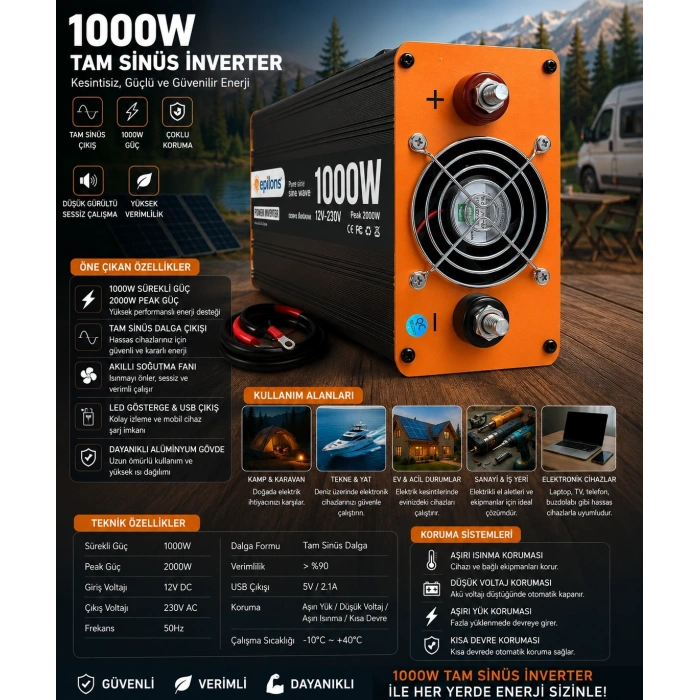 1000w Tam Sinüs İnverter 12v Ac Çevirici | Sessiz Fanlı, Usb Çıkışlı, Araç Karavan Tekne Solar Uyumlu Güç İnverteri